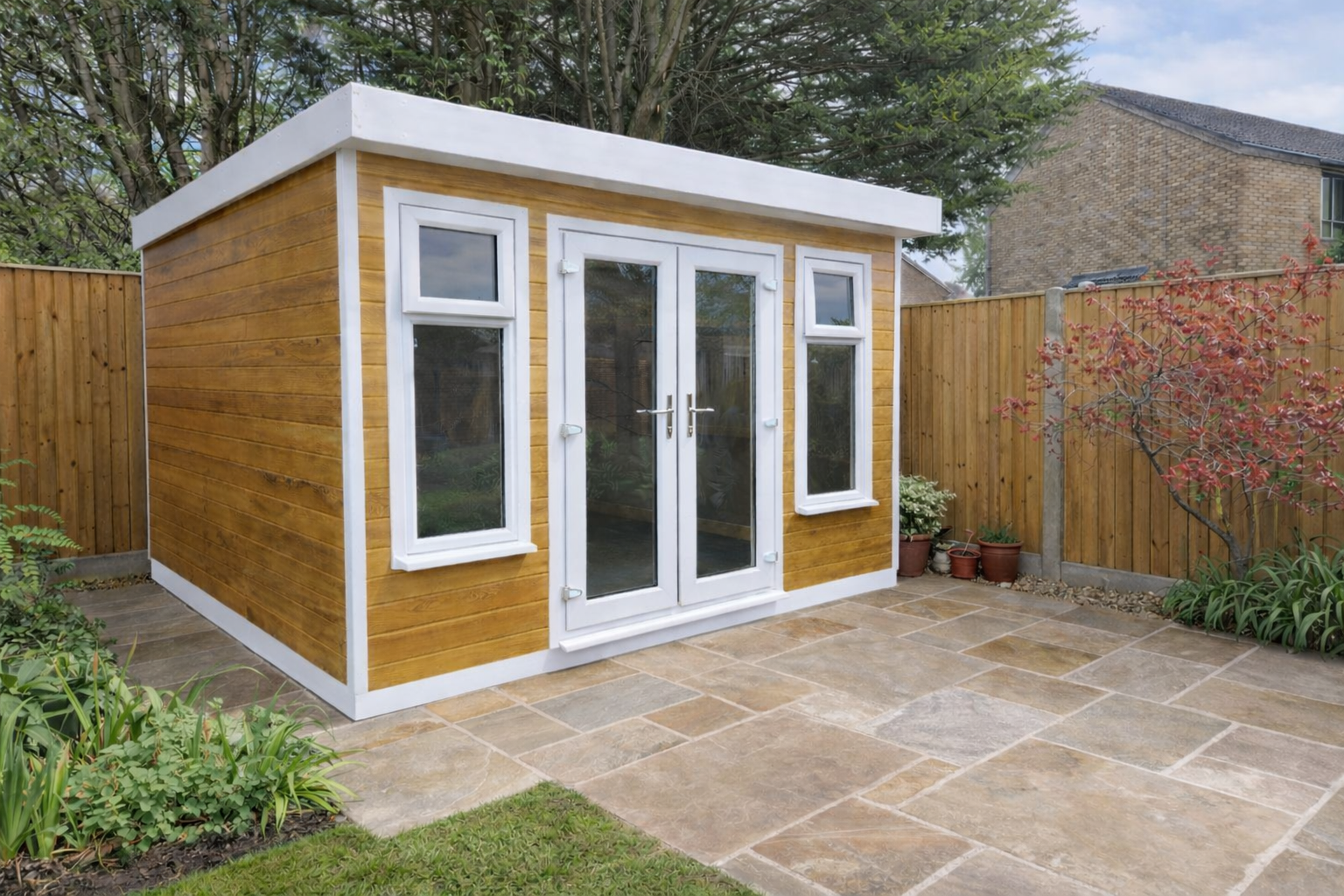 White uPVC colour option for cedar-colour composite garden rooms | Shed King