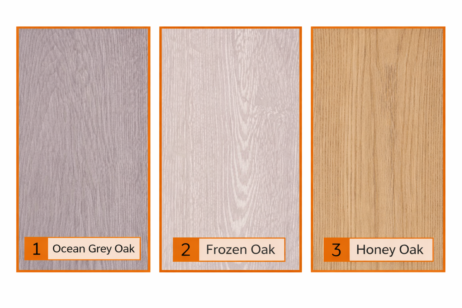 Laminate flooring options: 1 Ocean Grey Oak, 2 Frozen Oak, 3 Honey Oak