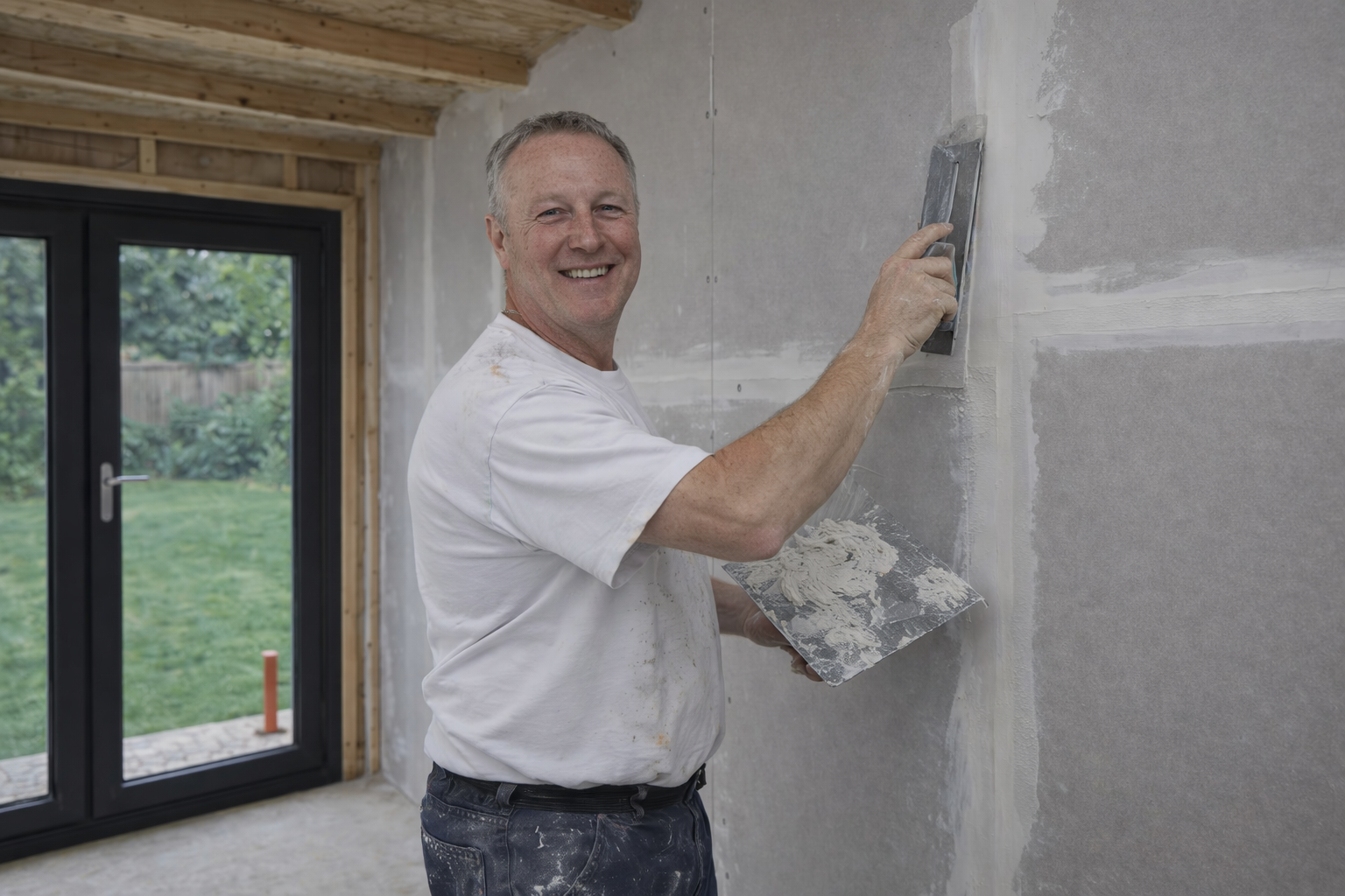 Plastering a garden room interior after first fix electrics